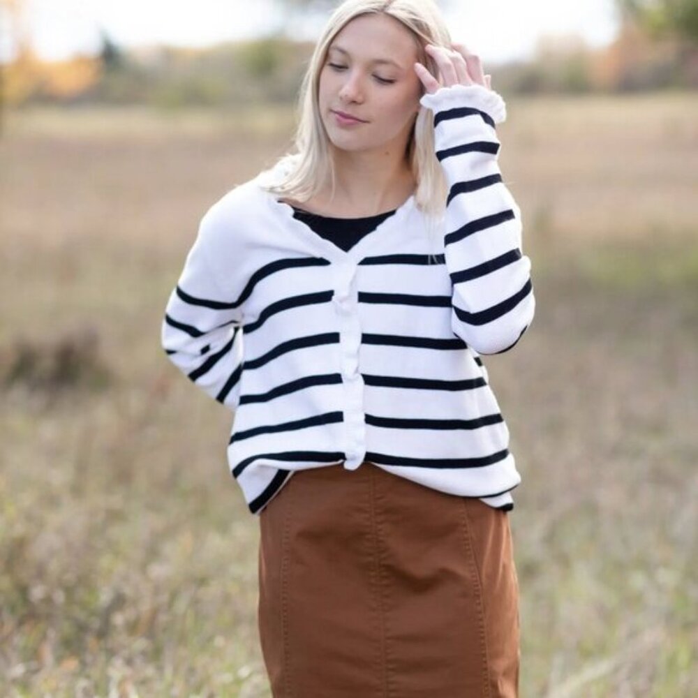 Mazik Black/White Striped Ruffle Hem Button-Down Cardigan Sweater - Medium